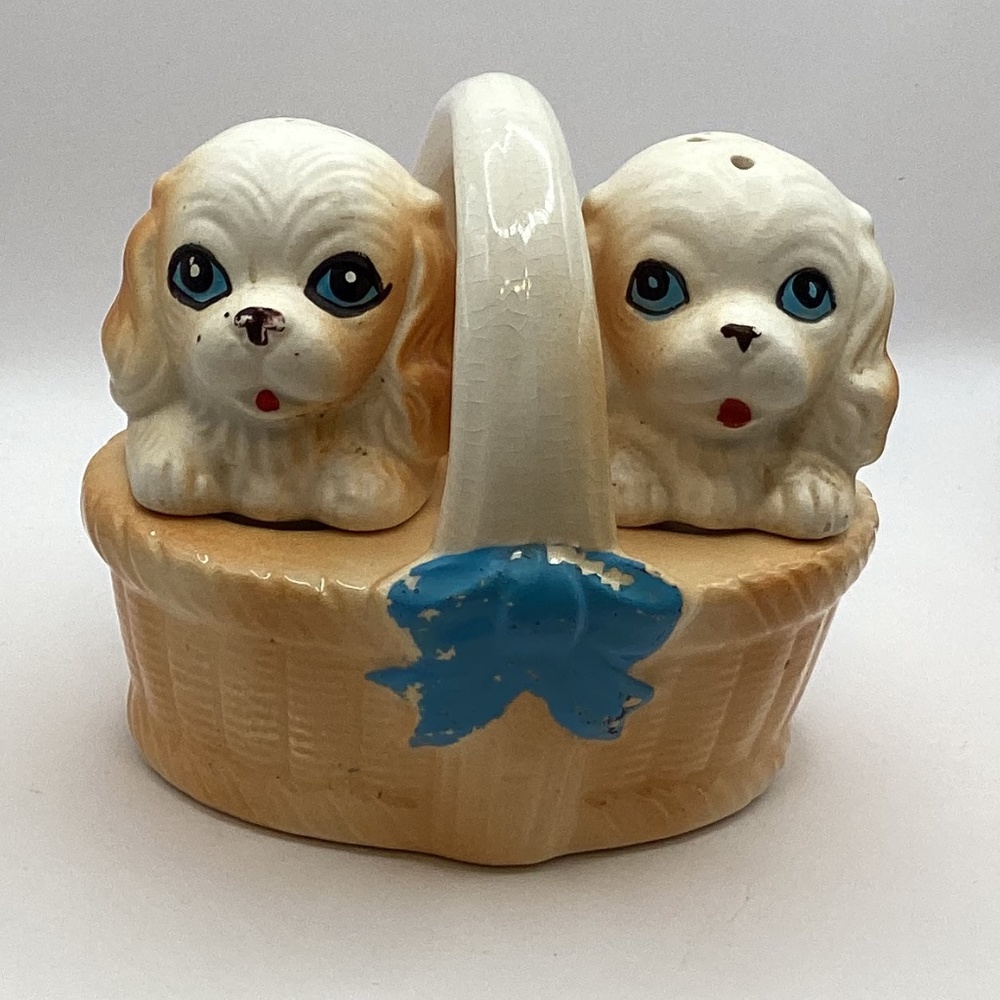 Salt and Pepper Shakers Dogs in a Basket Vintage Japan Ceramic 3.75"